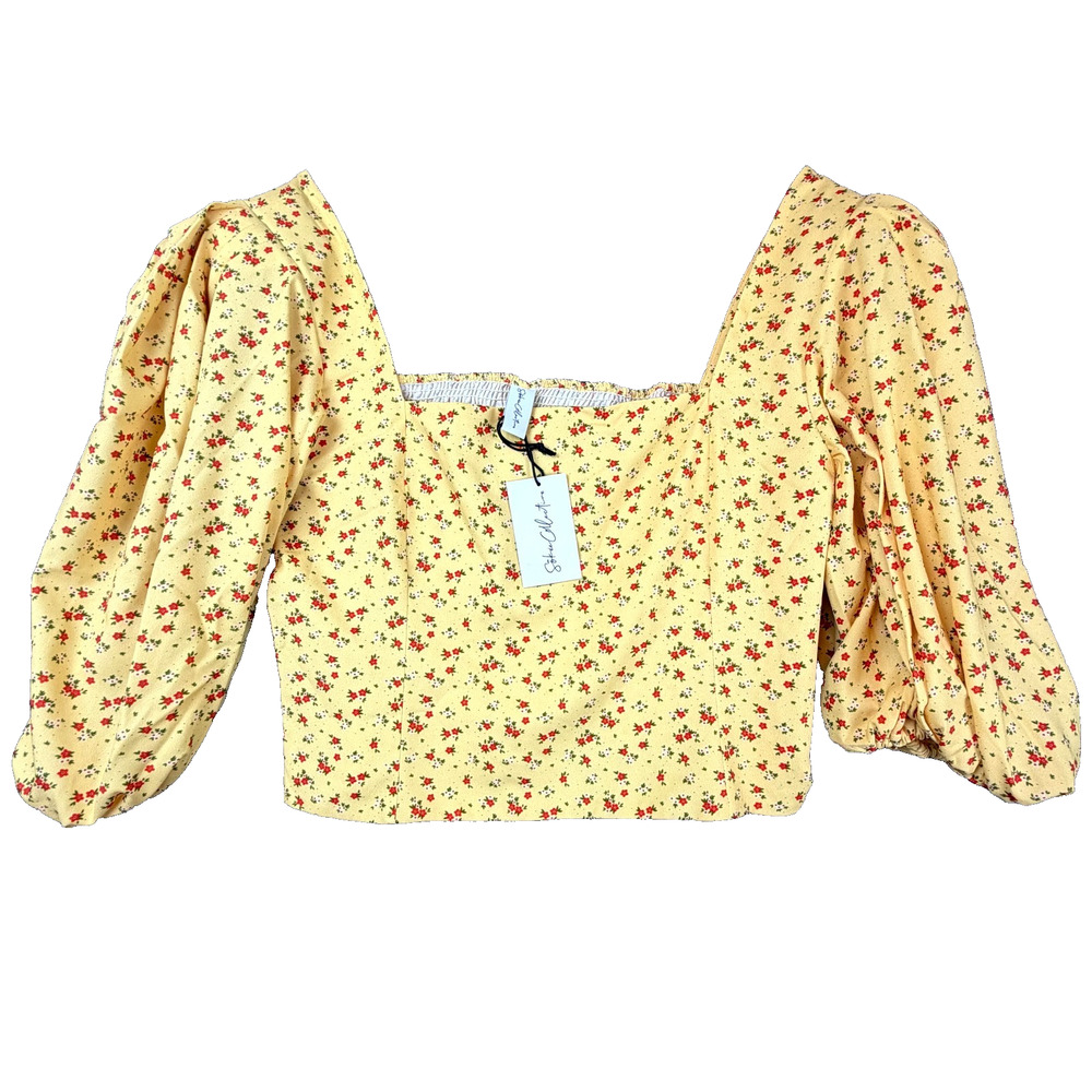 Sokie Collective‎ Crop Top Womens XL Yellow Bo Ditsy Floral Cottagecore Peasant